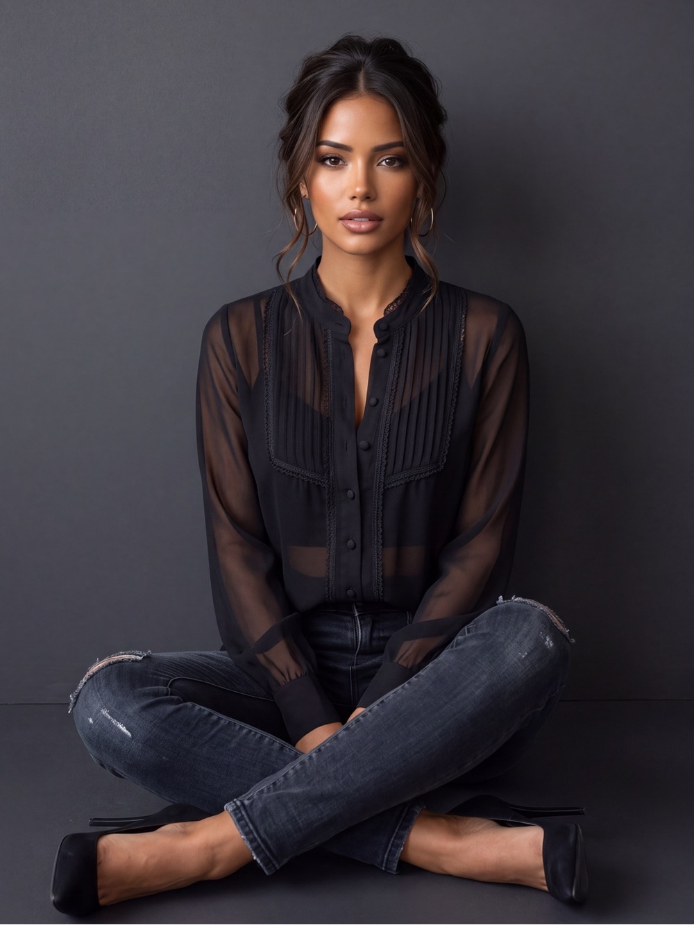 Coldwater Creek Black Chiffon Romantic Pleated Bib Blouse